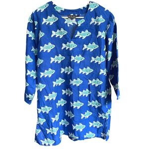 Kiki Sol Blue Fish Print Swim Cover Cotton Tunic Top L
